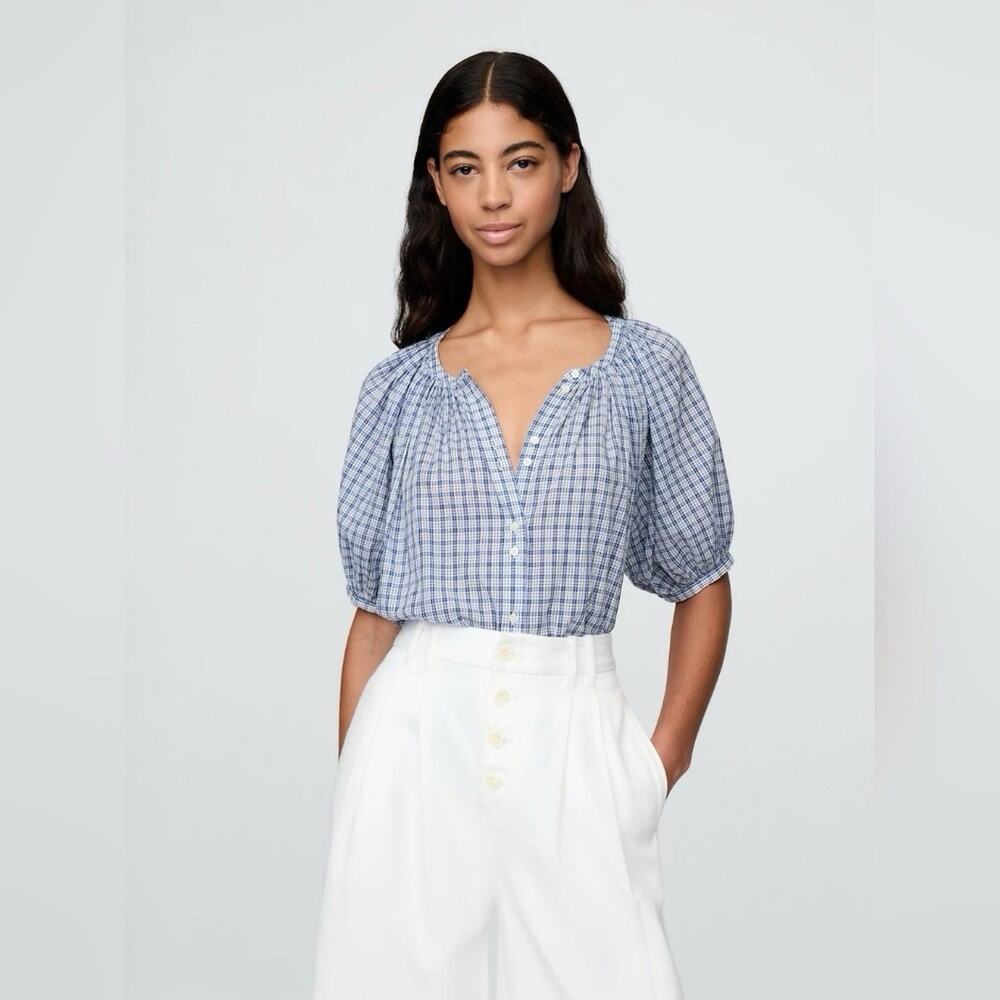 NWT Gap x DÔEN Gingham Puff Sleeve Cotton Blouse Blue Check Button Front Large - Picture 3 of 9